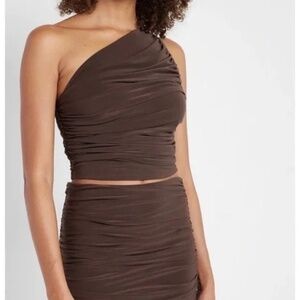 EXPRESS Brown Matte Jersey Ruched One Shoulder Cropped Top